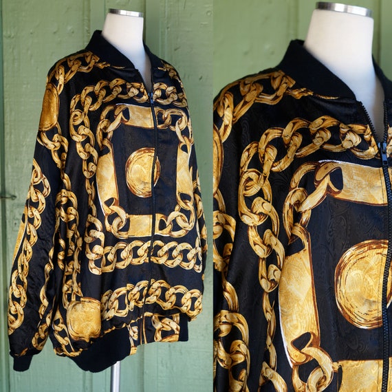 1980s 1990s Black Gold Chain Link Ornate Silky Bomber Jacket