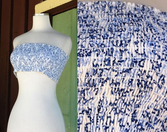 1990s Blue and White Smocked Tube Top // 90s Summer Crop Top Stretch Bandeau Top