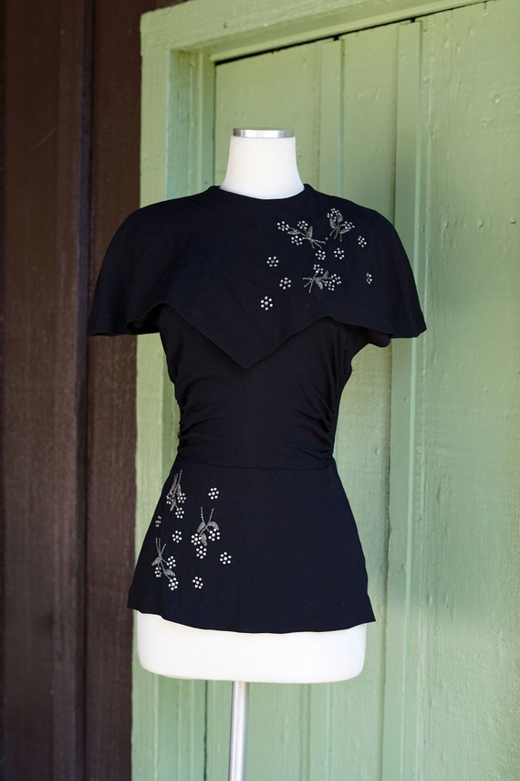 1940s Black Blouse with Rhinestone Beaded Floral … - image 2