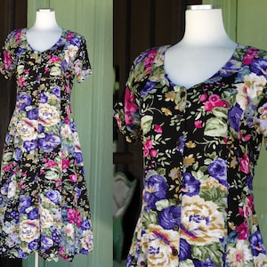 1990s Black Blue Pink Green Floral Rayon Dress by Starina // 90s Short Sleeve Flared Dark Floral Midi Dress