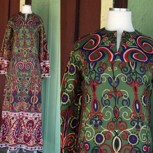 HOLIDAY 1960s Green Blue Red Tan Swirly Long Sleeve Maxi Dress // 60s Swirly Floral Mod Long Dress