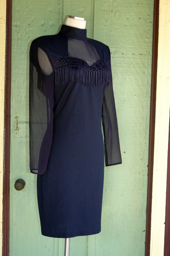 1990s Navy Blue Hourglass Mock Neck Dress with Sh… - image 5