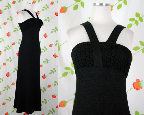 1970s Black Knit Maxi Dress // 70s Textured Knit … - image 1