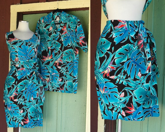 1990s Black Turquoise Blue Green Hawaiian Tropica… - image 1