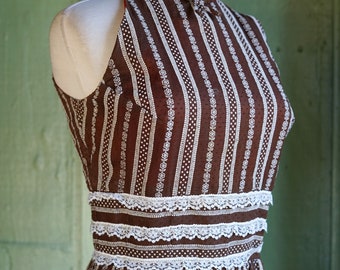 1970s Brown White Flocked Striped Dot Lace Trim Maxi Dress