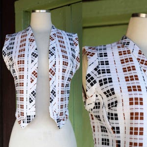 1970s White Brown Black Checked Vest // 70s Textured Plaid White Black and Brown Checkered Vest