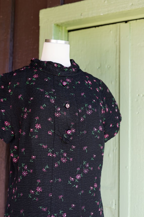 1960s Black Shift Dress with Pink Green White Flo… - image 6
