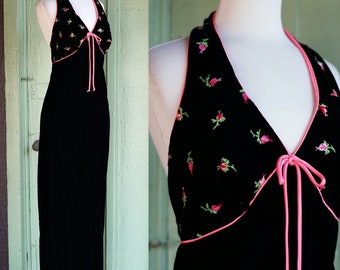 1970s Black Velvet Maxi Halter Dress with Pink Floral Embroidery // 70s V Neck Halter Dress with Pink Bow Long Black Velvet Dress