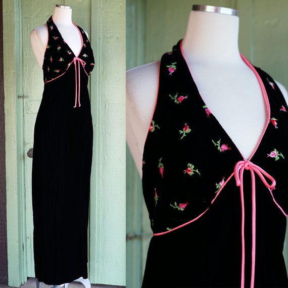 1970s Black Velvet Maxi Halter Dress with Pink Fl… - image 1