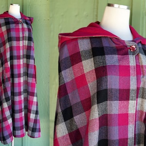 1960s 1970s Pink Purple Grey Black Plaid Reversible Long Cape with Hood // 60s 70s Reversible Pink Cape Coat