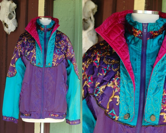 1980s 1990s Purple Green Ornate Warm up Jacket // 80s 90s Nylon