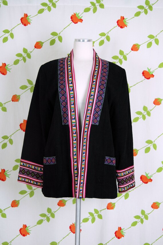 Black Lightweight Jacket with Colorful Ethnic Sty… - image 3