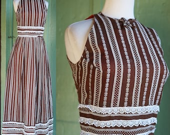 1970s Brown White Flocked Striped Dot Lace Trim Maxi Dress // 70s Sleeveless Long Dress