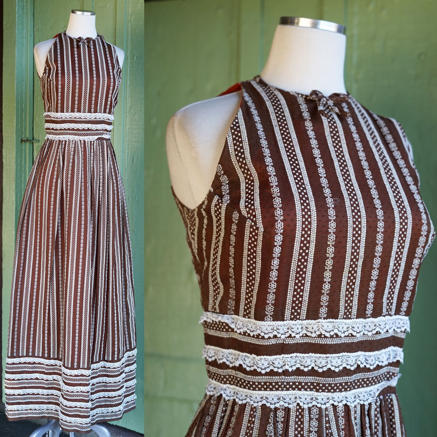 ワンピース 70s striped multiple buttons maxi dress 1970s Brown White Flocked Striped Dot Lace Trim Maxi Dress
