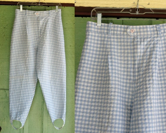 1980s 1990s Light Blue White Gingham Checked High… - image 1