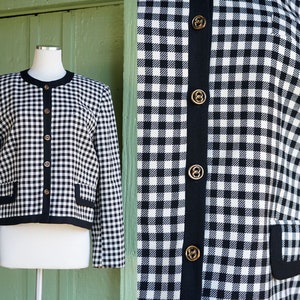 1990s Black White Checkered Blazer Jacket // 90s Checked Boxy Wool Blend Blazer by Emily