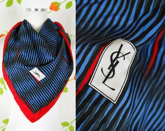 1980s YSL Scarf // 80s YSL Light Blue, Grey Black Striped Graphic Scarf with Red Accent and Border