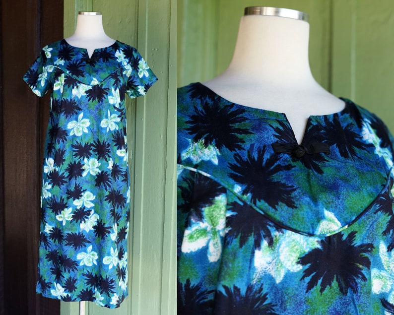1960s 1970s Blue Green White Floral Tiki Muumuu House Dress // 60s 70s ...