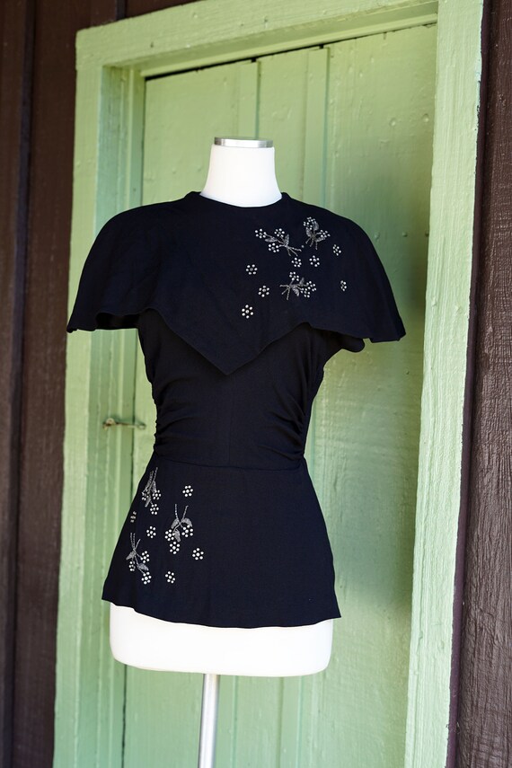 1940s Black Blouse with Rhinestone Beaded Floral … - image 6