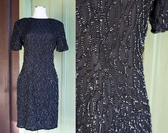 1990s 2000s Black Sequined Mini Dress // 90s Y2K Black Sequin Party Dress Cocktail Dress Formal Dress Fancy Dress