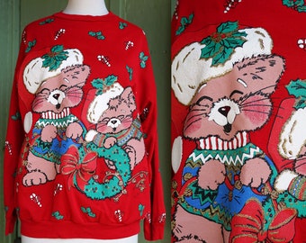 1980s 1990s Red Candy Cane Holly Christmas Sweatshirt // 80s 90s Crew Neck Pullover Sweater