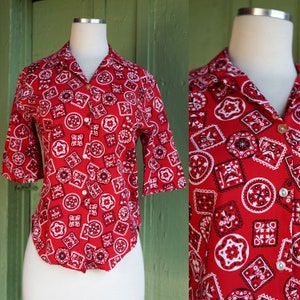 1960s Red White Red Bandana Inspired Blouse // 60s Half Sleeve Collared Shirt Button Up