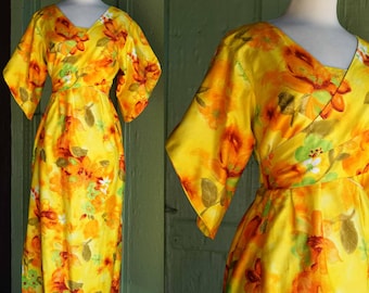 1960s 1970s Yellow Orange Brown Green Floral Hawaiian Dress // 60s 70s Hanging Sleeves Wrap Top Long Dress
