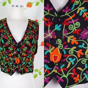 1990s Passports Pier 1 Imports Black Rayon Colorful Embroidered Vest // Black Green Pink Red Orange Blue Floral Stitched Vest