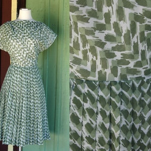 1950s 1960s Sage Green and White Fit and Flare Dress with Pleated Skirt // 50s 60s Boat Neck Midi Dress