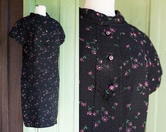 1960s Black Shift Dress with Pink Green White Flo… - image 1