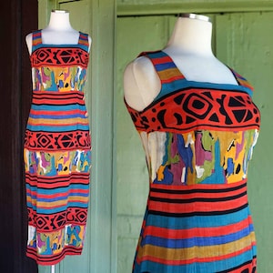 1990s Red Blue Striped Artsy Print Jumper // 90s Square Neckline Funky Fitted Long Sleeveless Dress