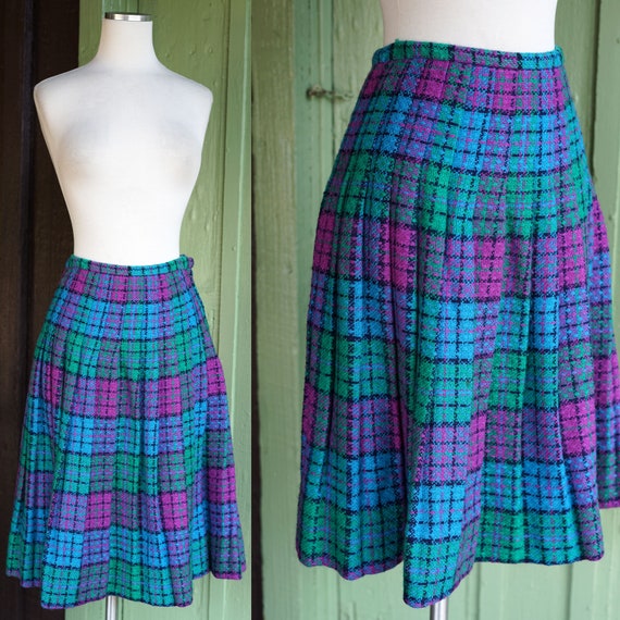 1960s Blue Purple Green Plaid Pleated Midi Skirt … - image 1