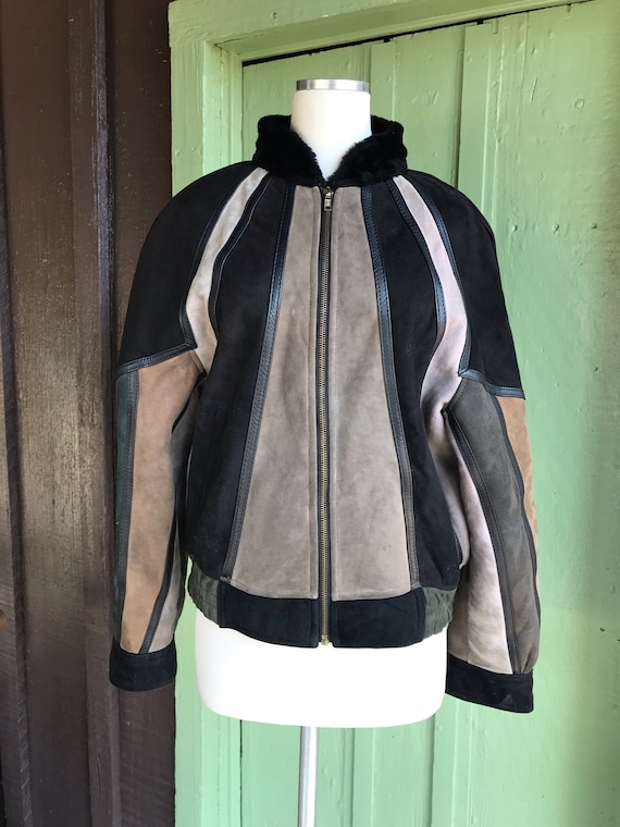1980s Brown Tan Green Deco Look Color Block Suede Fur Trim Jacket