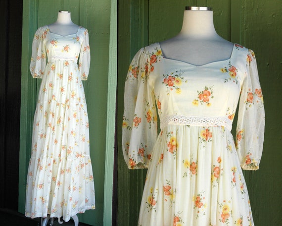 1970s Boho Hippie Pale Yellow Orange Peasant Dres… - image 3