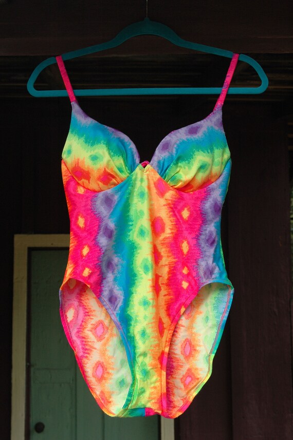 1980s Day Glow Rainbow Tie Dye One Piece Swimsuit // … Gem