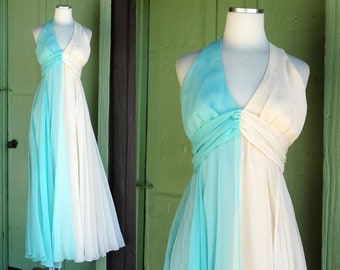 1970s Colorblock 2 Tone Turquoise and Champagne Ivory Goddess Evening Gown // 70s Long Flowy Chiffon Maxi Dress