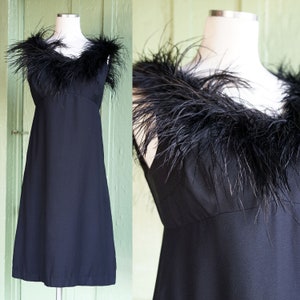 1960s 1970s Black Feather Trimmed Dress by Lisa Howard // 60s 70s Black Feather Trimmed Sleeveless Empire Waist Cocktail Dress
