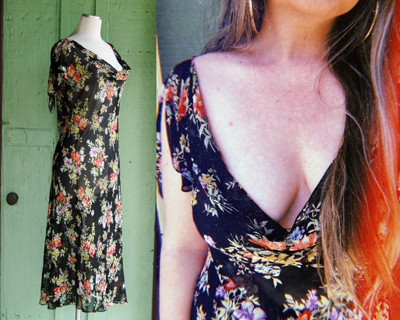 Sheer Black Romantic Floral Bias Cut Dress // Shee