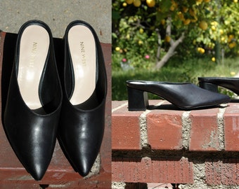 Black Leather Nine West Pointed Toe Block Heel Mule Slides - Etsy