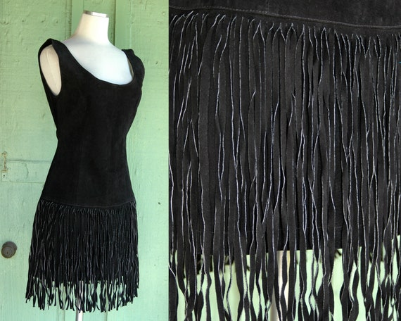 1980s 1990s Black Suede Mini Dress with Fringe Ski