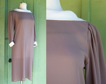 1970s Tan Shift Dress with White Collar and Cuffs // 70 Sheer Shift Dress