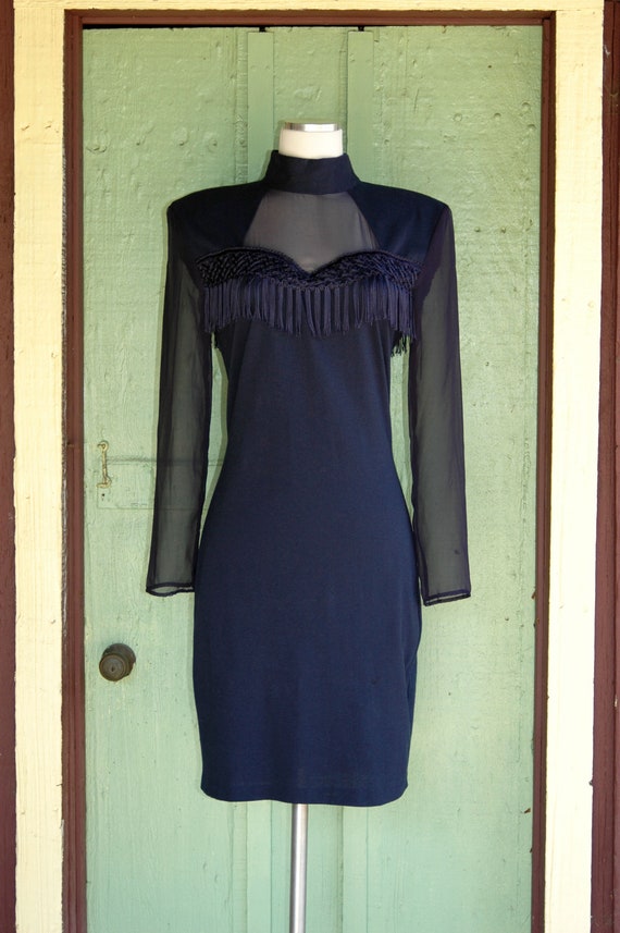 1990s Navy Blue Hourglass Mock Neck Dress with Sh… - image 3