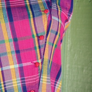 Pu&ograve; includere: Un abito senza maniche con un motivo a quadri rosa, giallo, blu e verde. L'abito ha una chiusura con bottoni sul davanti e una gonna a pieghe.
