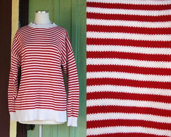 1990s Red White Striped Knit Sweater // 90s Red an
