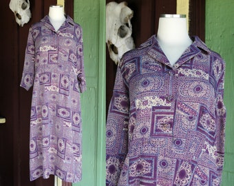 1970s Purple Blue Geometric Floral Shirt Dress // 70s Light Purple Shirt Dress