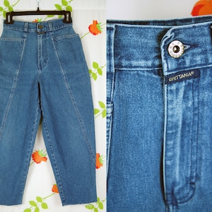 1980s Brittania Blue Jeans Tapered Leg Cropped Raw Hem // High Waist Ankle Length Unique Patch Look Denim