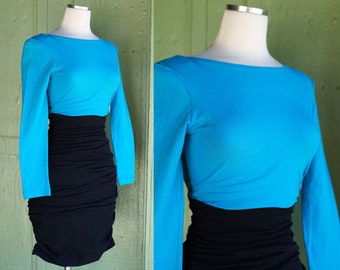 1980s 1990s Teal Black Ruched Tight Stretchy Mini Dress // NOS New with Tags 80s 90s Short Dress with Open Back