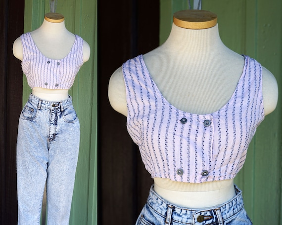 1980s 1990s Pale Pink Blue Striped Crop Top // 80… - image 1