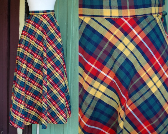 HOLIDAY 1960s Yellow Red Green Plaid Maxi Skirt /… - image 1