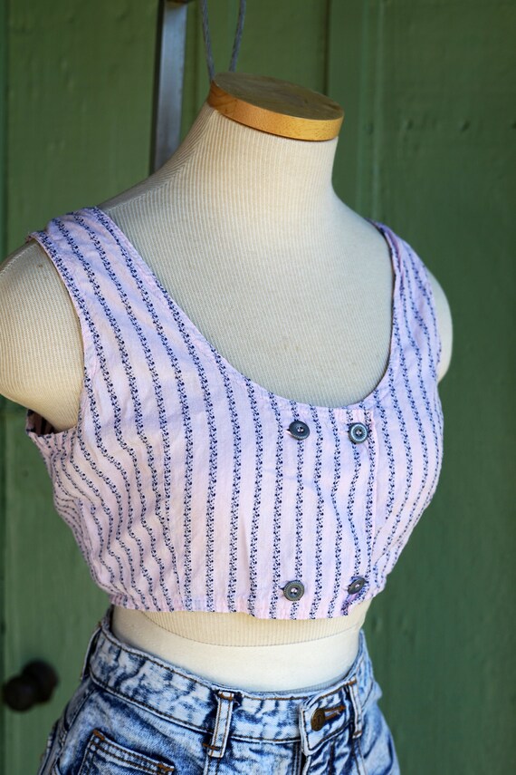 1980s 1990s Pale Pink Blue Striped Crop Top // 80… - image 3